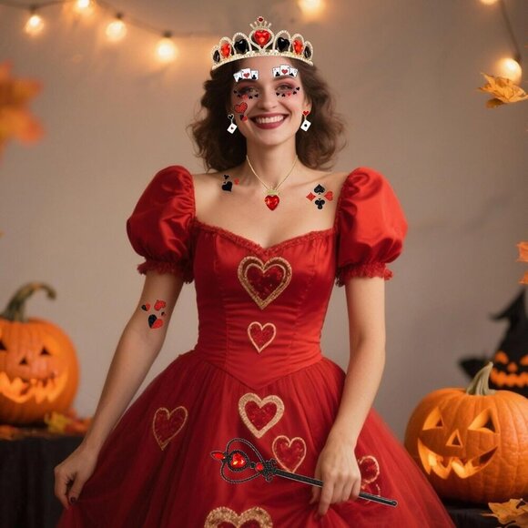 5 Pcs Red Gem Women Halloween Queen Costume Accessories Crown Necklace Earrings